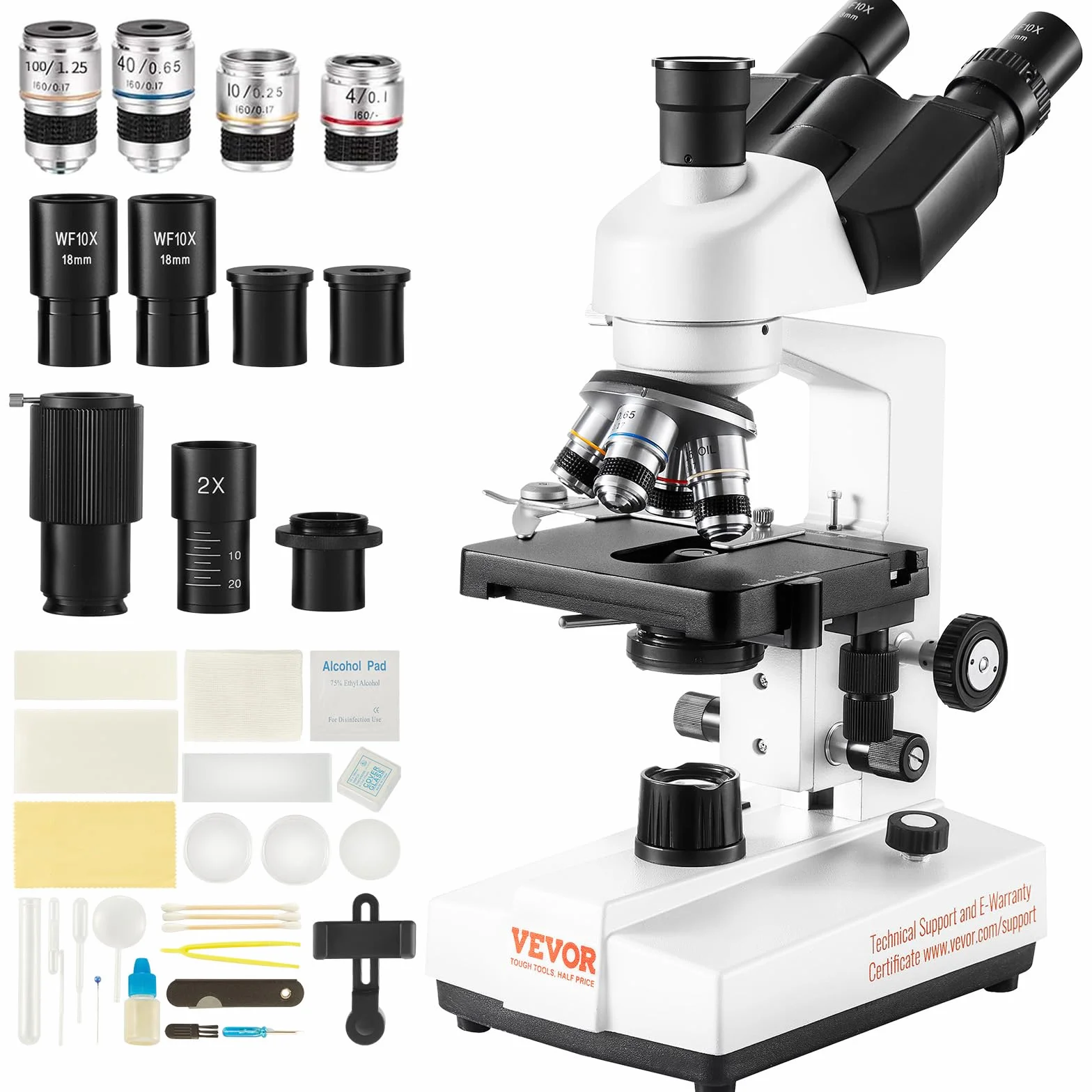 VEVOR Mikroskop trójokularowy 10x, 25x, 2x soczewka pomocnicza Compound Mikroskop, obiektywy 4X, 10X, 40X, 100X, laboratoryjne powiększenie mikroskopu 40-5000, 100-240 V mikroskop laboratoryjny