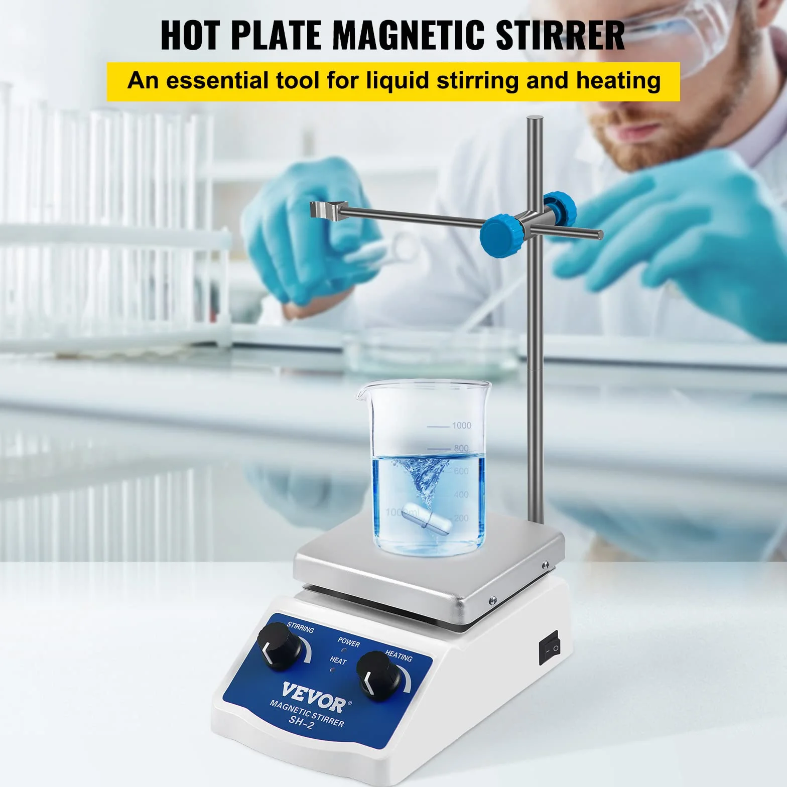 VEVOR Laboratorium Mieszadło magnetyczne SH-2 220V, mieszadło magnetyczne 2000 ml, z trzpieniem do płyty grzewczej 12x12cm i uchwytem