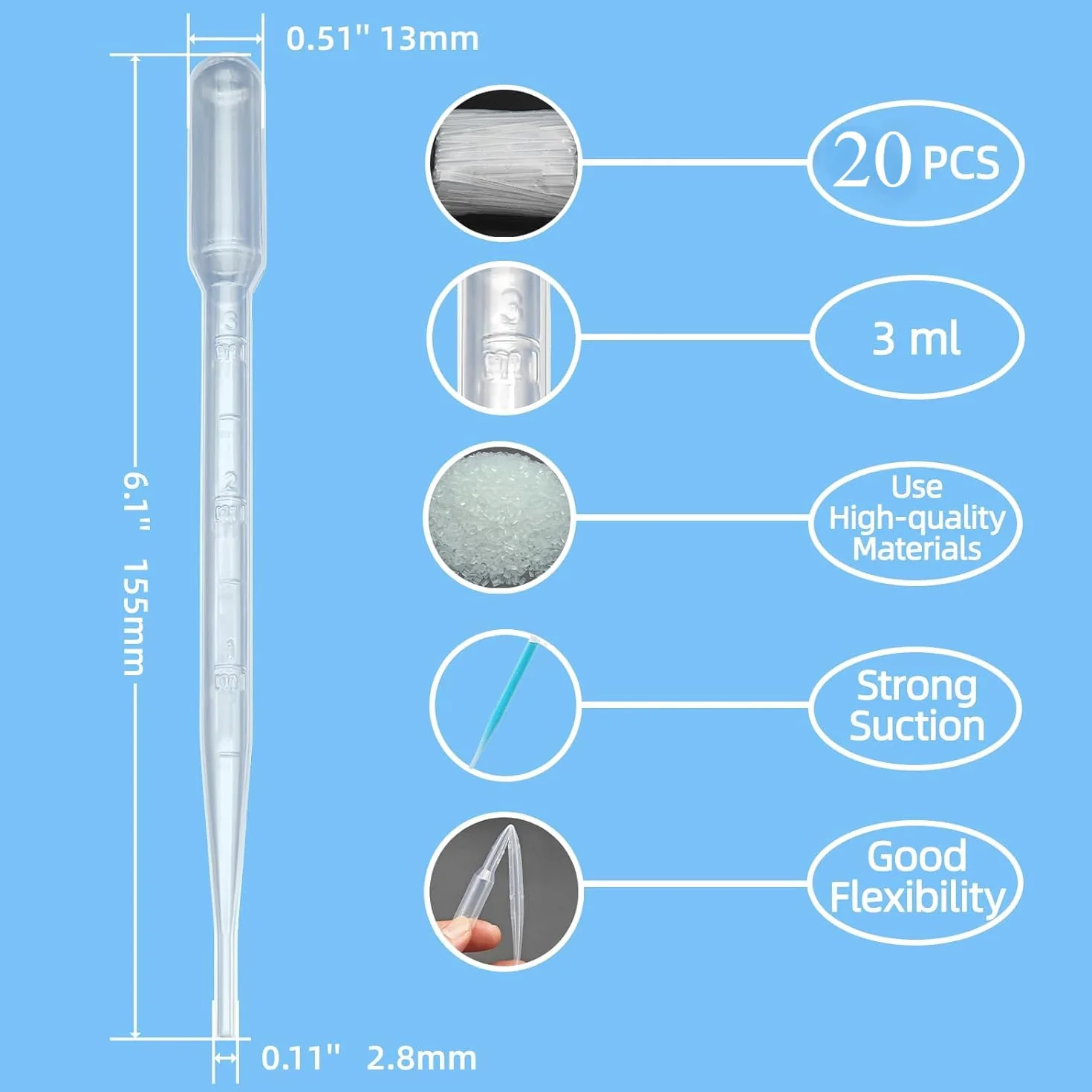 20 sztuk pipet, 3ml plastikowe pipety transferowe jednorazowe ze skalą, pipety dozujące, do prób laboratoryjnych, eksperymentów w klasie, perfum, olejków eterycznych