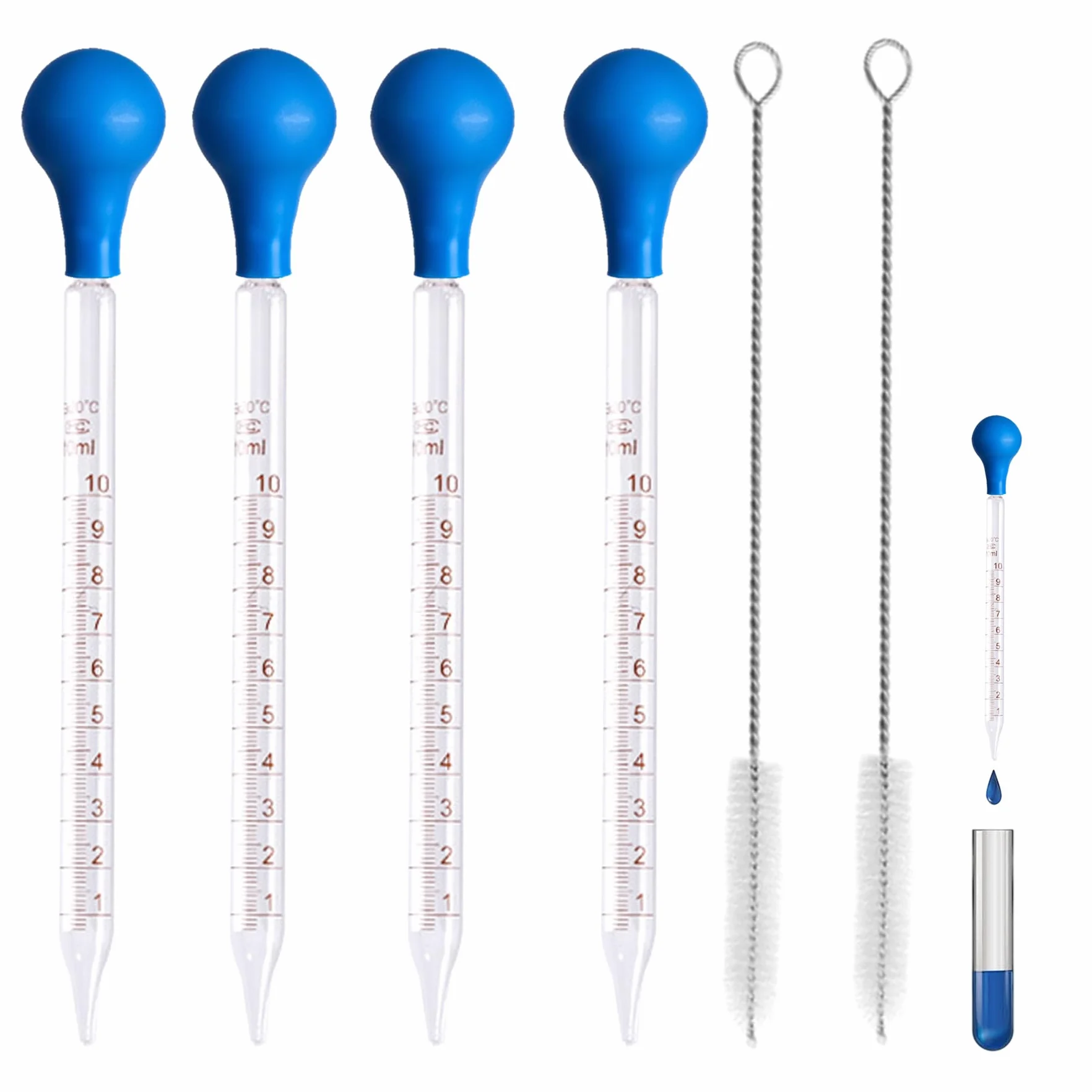 Zestaw pipety szklanej zawiera 4 pipety 10 ml, 4 gumowe przyssawki z 2 szczotkami do czyszczenia, pipety, przejrzysta skala, kroplomierzem do instytucji edukacyjnych, laboratoriów, badań