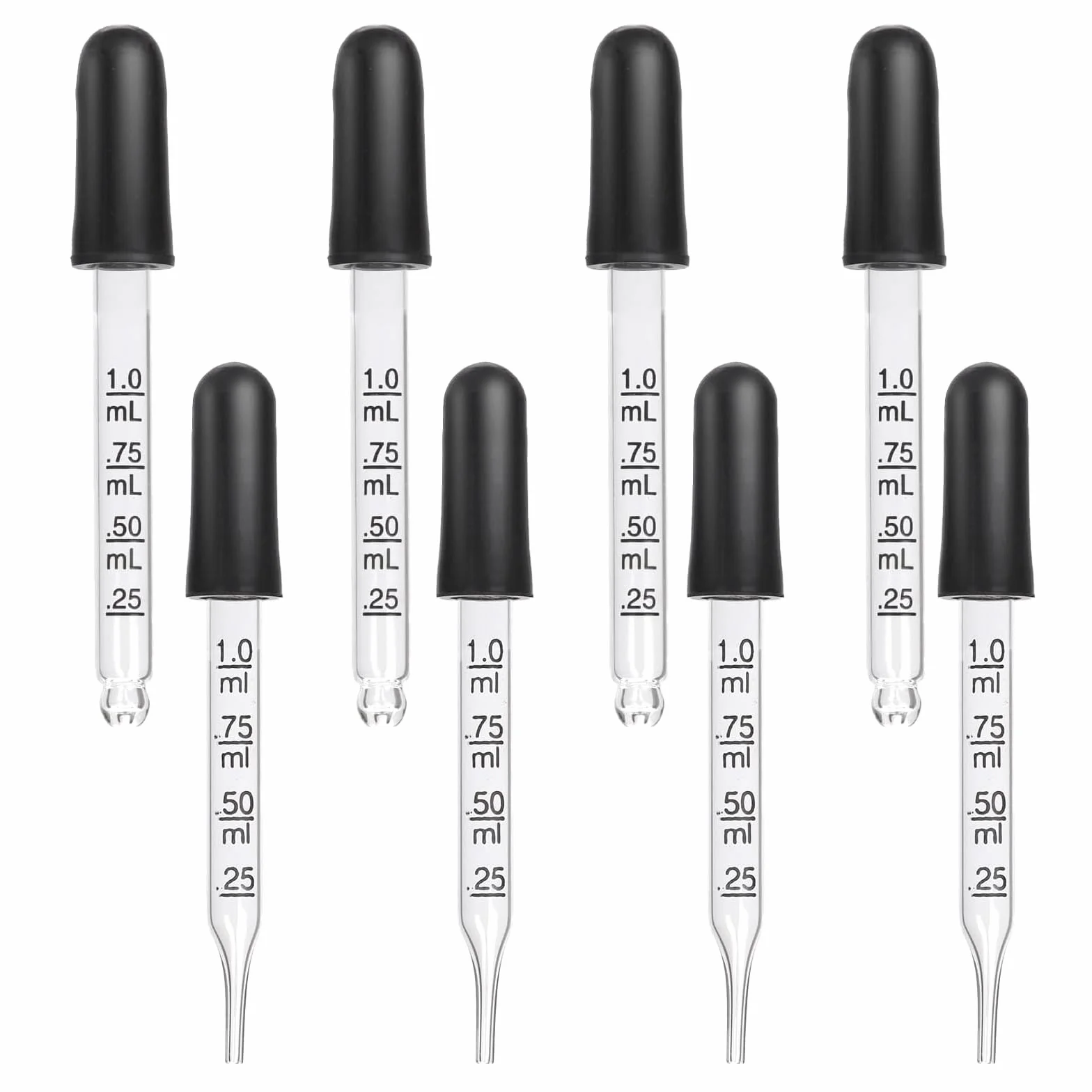 8 sztuk pipety szklanej z gumową głowicą, zakrzywiona i prosta końcówka, kalibrowana pipeta 1 ml, pipeta szklana z pomiarami, do medycyny dla zwierząt domowych, olejków eterycznych, malarstwa