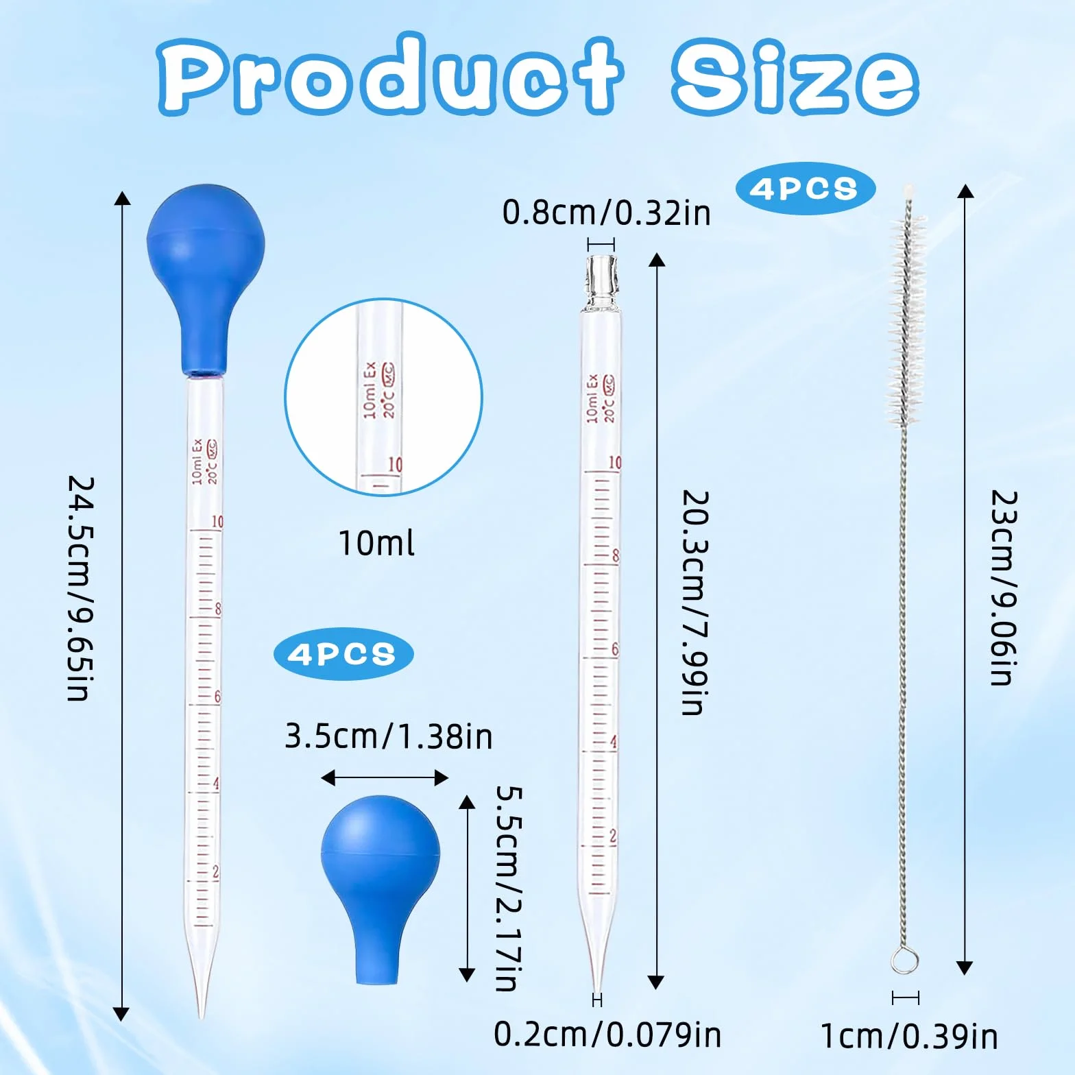 4 pipety 10 ml, pipeta szklana, pipeta szklana z 4 szczotkami do czyszczenia, kroplomierzem, pipetą do pomiaru, pipetą do laboratorium, szkoły, badań, żywności i medycyny