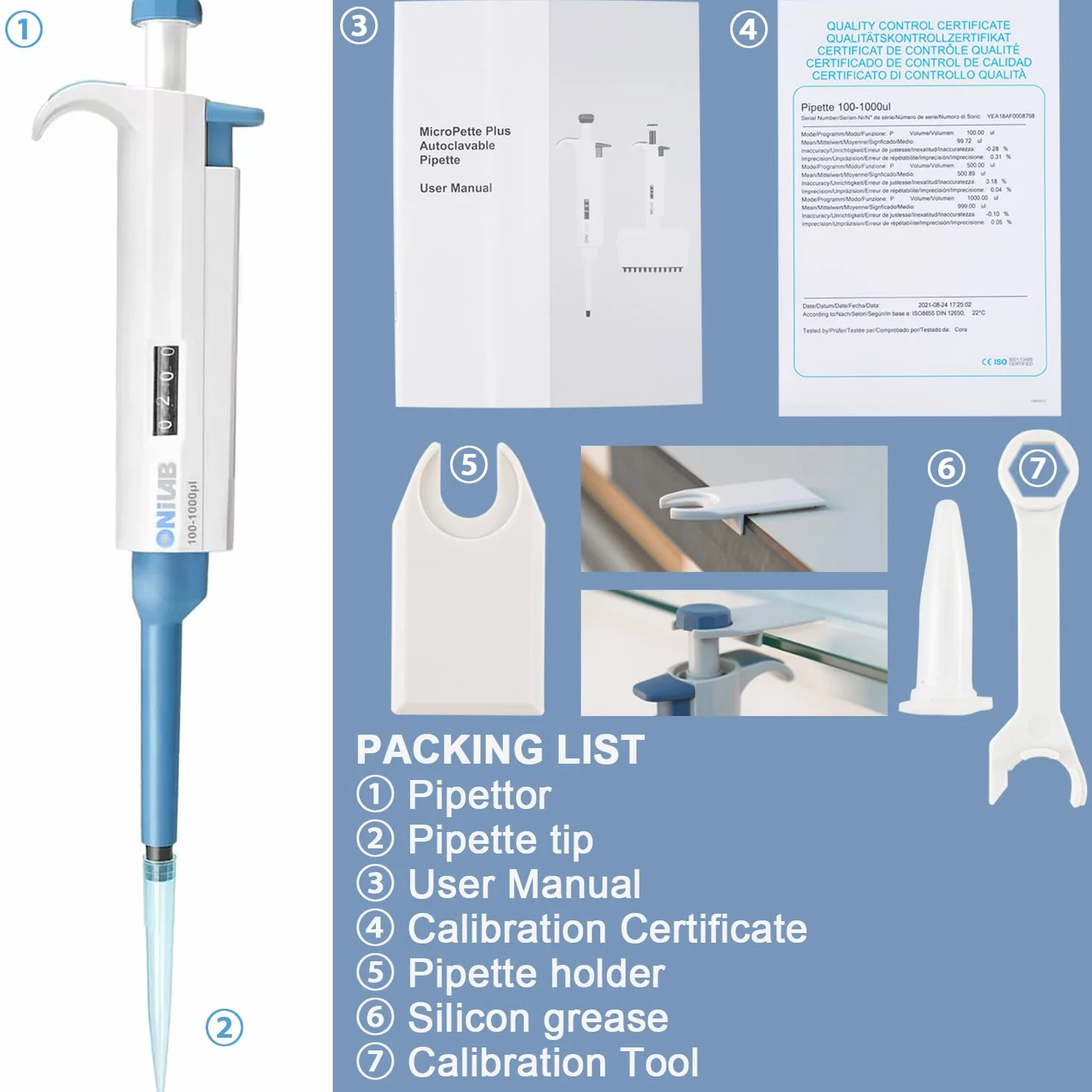 ONiLAB 1000-5000μl laboratoryjna pipeta jednokanałowa naukowa mikropipeta laboratoryjna, regulowana objętość, wysoka precyzja, pipeta