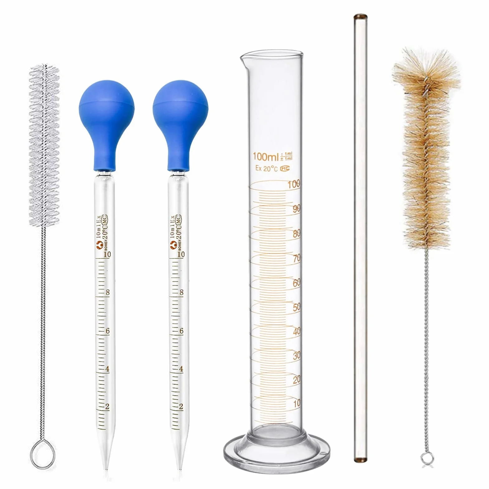Szklany cylinder pomiarowy 100 ml i szklana pipetka, 10 ml ze szczotką do czyszczenia i szklanym prętem do laboratorium, żywności, szkoły, medycyny