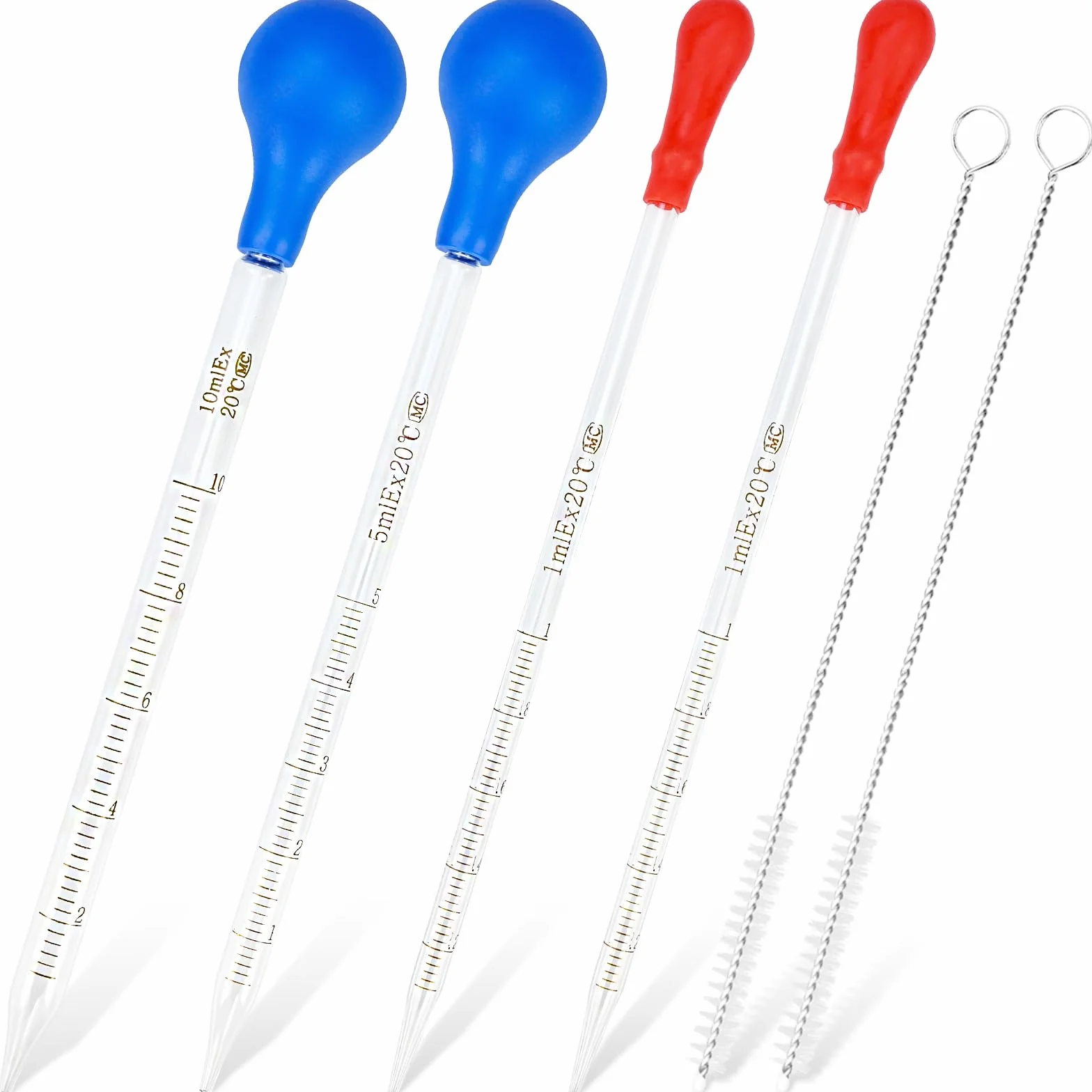4 szklane pipety, 1 ml/5 ml/10 ml, z gumową kulką pipety ze szczotkami, długa pipeta do pipety, duża, pipeta do pomiarów, do laboratorium, szkoły, badań żywnościowych