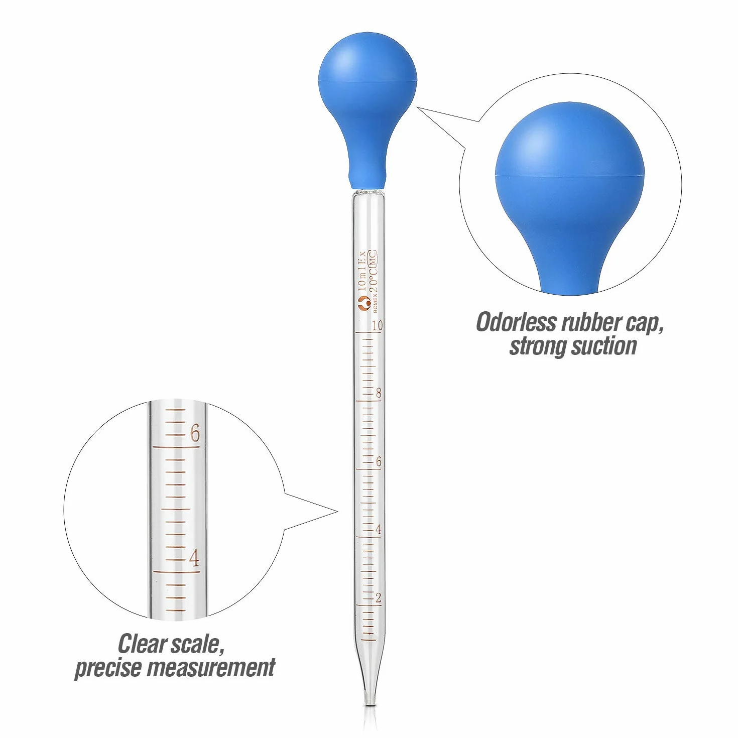 Szklana pipetka, kropla 10 ml, pipeta kropelowa, pipeta z gumową piłką do pipetowania x 2 + szczotka do czyszczenia x 1