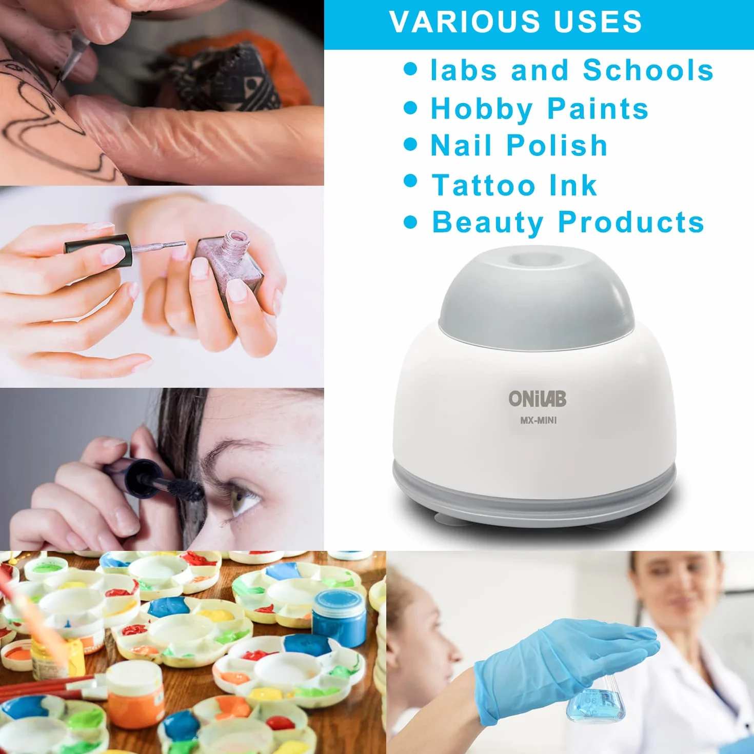 ONiLAB Mini Vortex Mixer z funkcją dotykową, mieszanie w laboratorium, lakier do paznokci, klej do rzęs i farby akrylowe, wirówka laboratoryjna do probówek, w zestawie 120 sztuk kul mieszających ze