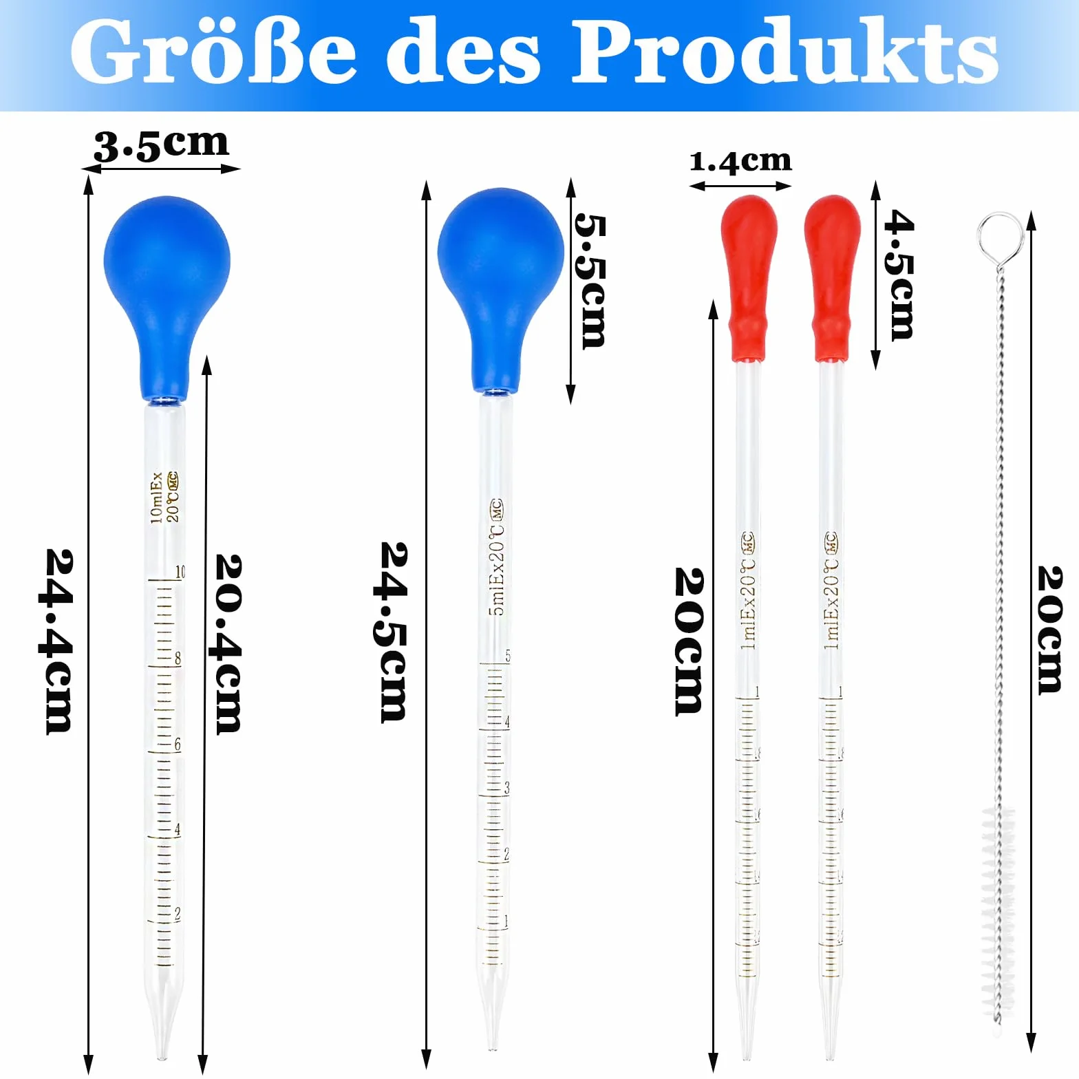 4 szklane pipety, 1 ml/5 ml/10 ml, z gumową kulką pipety ze szczotkami, długa pipeta do pipety, duża, pipeta do pomiarów, do laboratorium, szkoły, badań żywnościowych