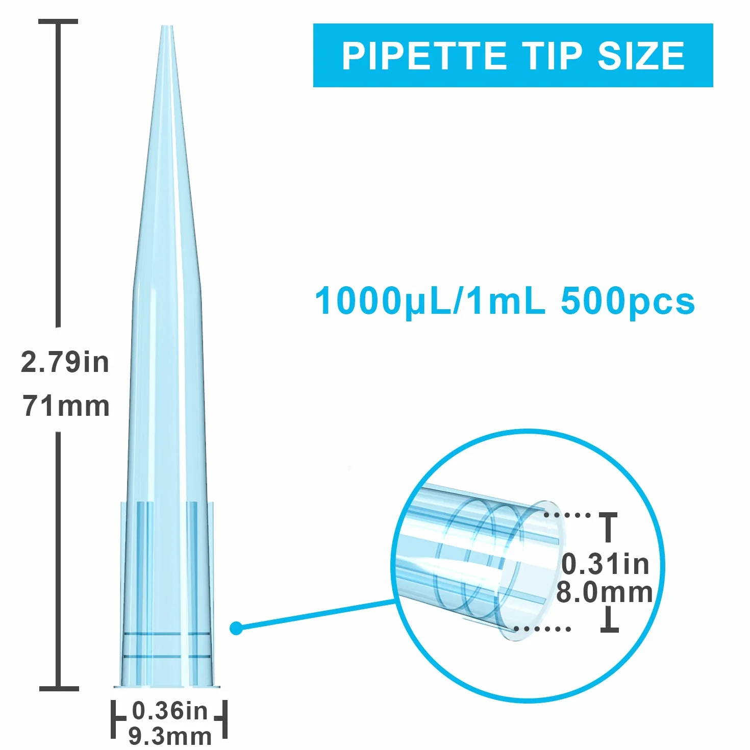 ONiLAB końcówki pipetowe 1000 UL/1mL 500 PCS Clear Blue Laboratory Uniwersalne końcówki pipetowe z tworzyw sztucznych Polipropylen (PP) Autoklawowalne