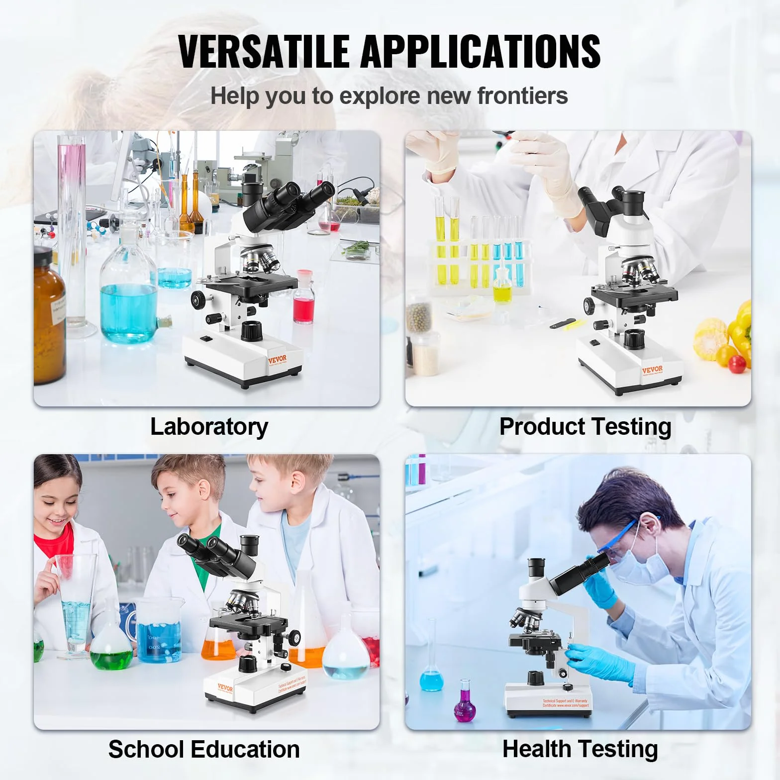 VEVOR Mikroskop trójokularowy 10x, 25x, 2x soczewka pomocnicza Compound Mikroskop, obiektywy 4X, 10X, 40X, 100X, laboratoryjne powiększenie mikroskopu 40-5000, 100-240 V mikroskop laboratoryjny