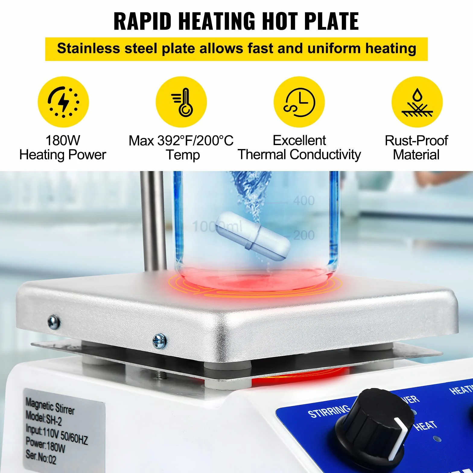 VEVOR Laboratorium Mieszadło magnetyczne SH-2 220V, mieszadło magnetyczne 2000 ml, z trzpieniem do płyty grzewczej 12x12cm i uchwytem