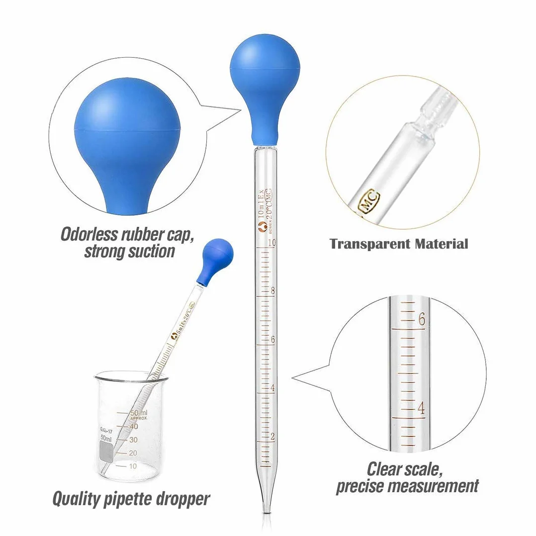 Pipeta szklana 5 ml, 10 ml, pipeta kroplowa z zakraplaczem i szklany cylinder miarowy 25 ml, pipety miarowe, szklana pipeta miarowa do laboratorium, szkoły medycyny żywności
