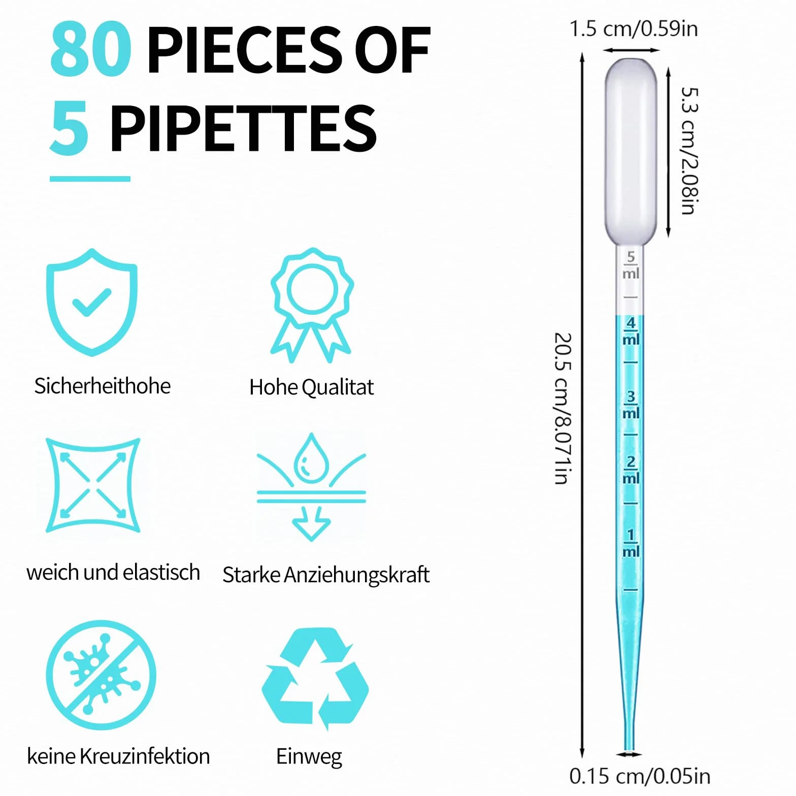 80 sztuk pipety 5 ml, pipety dla dzieci, jednorazowe pipety, długa pipeta, plastikowa pipeta z tworzywa sztucznego, kroplomierzem do olejków eterycznych, zwierząt domowych, laboratorium