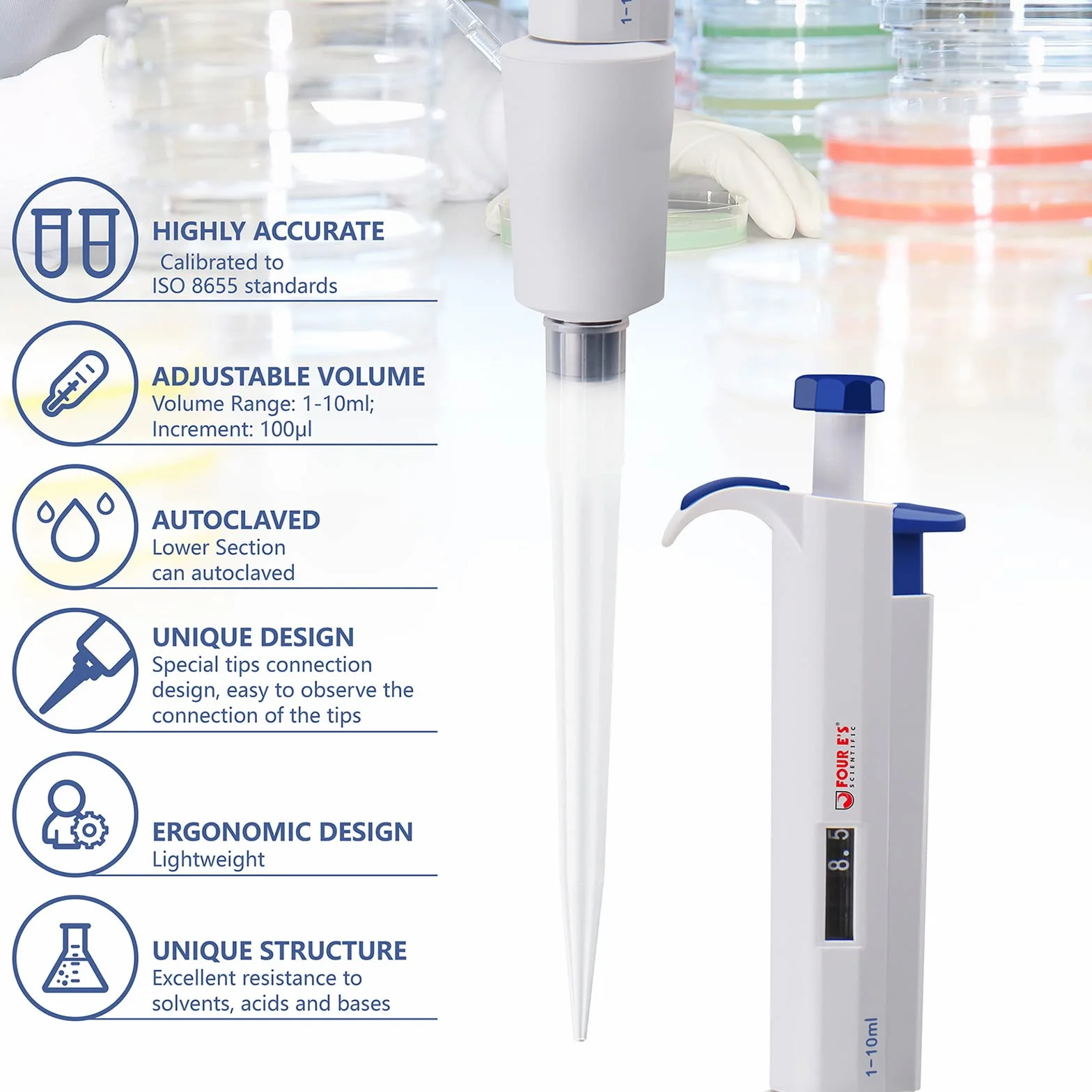1-10ml mikropipeta pipetor pipeta laboratoryjna pipeta jednokanałowa dla laboratorium ISO8655 przyrost 100μl