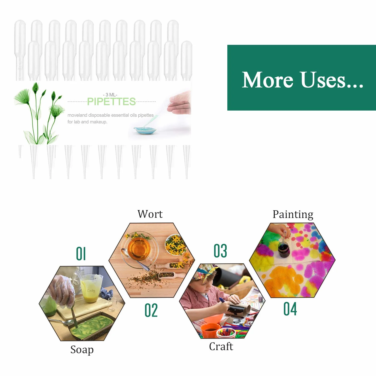 Pipetas de transferencia de plástico Moveland, 100 unidades, 3 ml, cuentagotas de ojos, pipetas de aceites esenciales, herramienta de maquillaje
