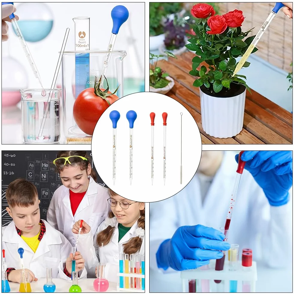 Pipety Szklane,Pipety Z Zakraplaczem,Pipeta Szklana,4 Pipety Miarowe, Pipeta 5ml,2ml, Pipeta Pomiarowa Ze Szczotkami, Pipetami, Pipetami Kroplowymi, Do Laboratorium, żYwnośCi, Badań, Medycyny, SzkołY