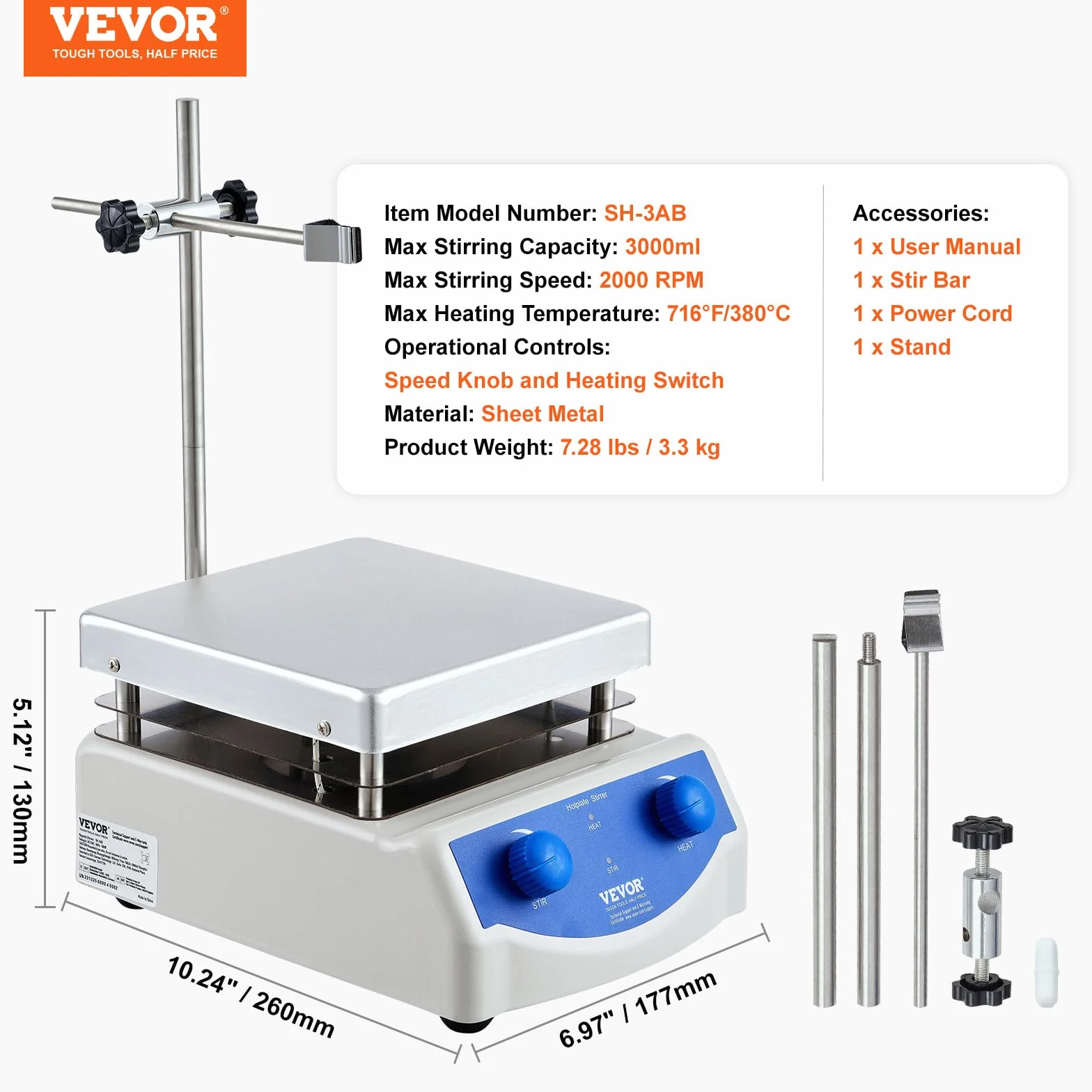 VEVOR Magnetyczna płyta grzewcza, maks. 380 °C, 0-2000 obr./min, płyta grzewcza z mieszadłem magnetycznym, mieszadło 3000 ml, stojak podporowy i mieszadło w zestawie, moc grzewcza 500 W