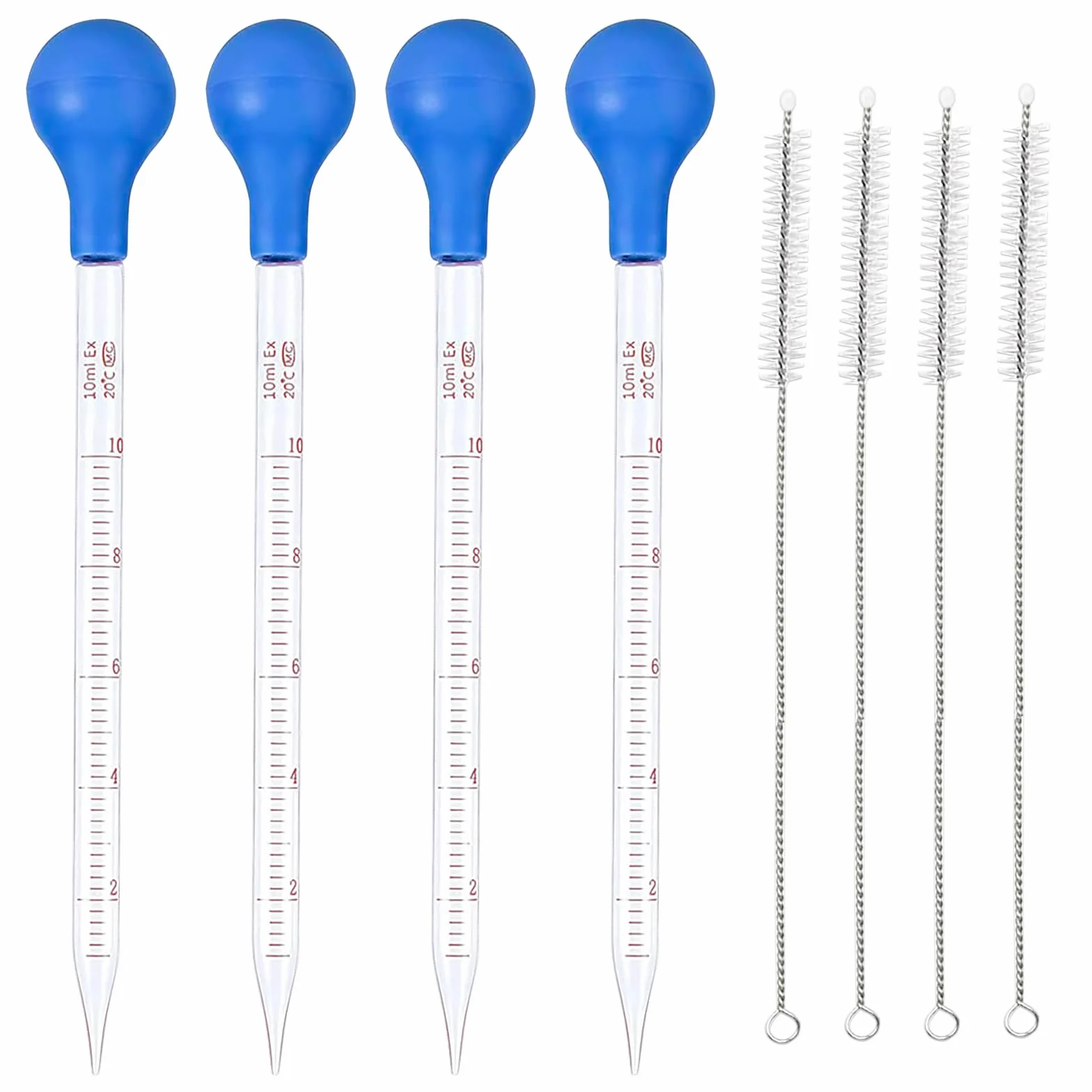4 pipety 10 ml, pipeta szklana, pipeta szklana z 4 szczotkami do czyszczenia, kroplomierzem, pipetą do pomiaru, pipetą do laboratorium, szkoły, badań, żywności i medycyny