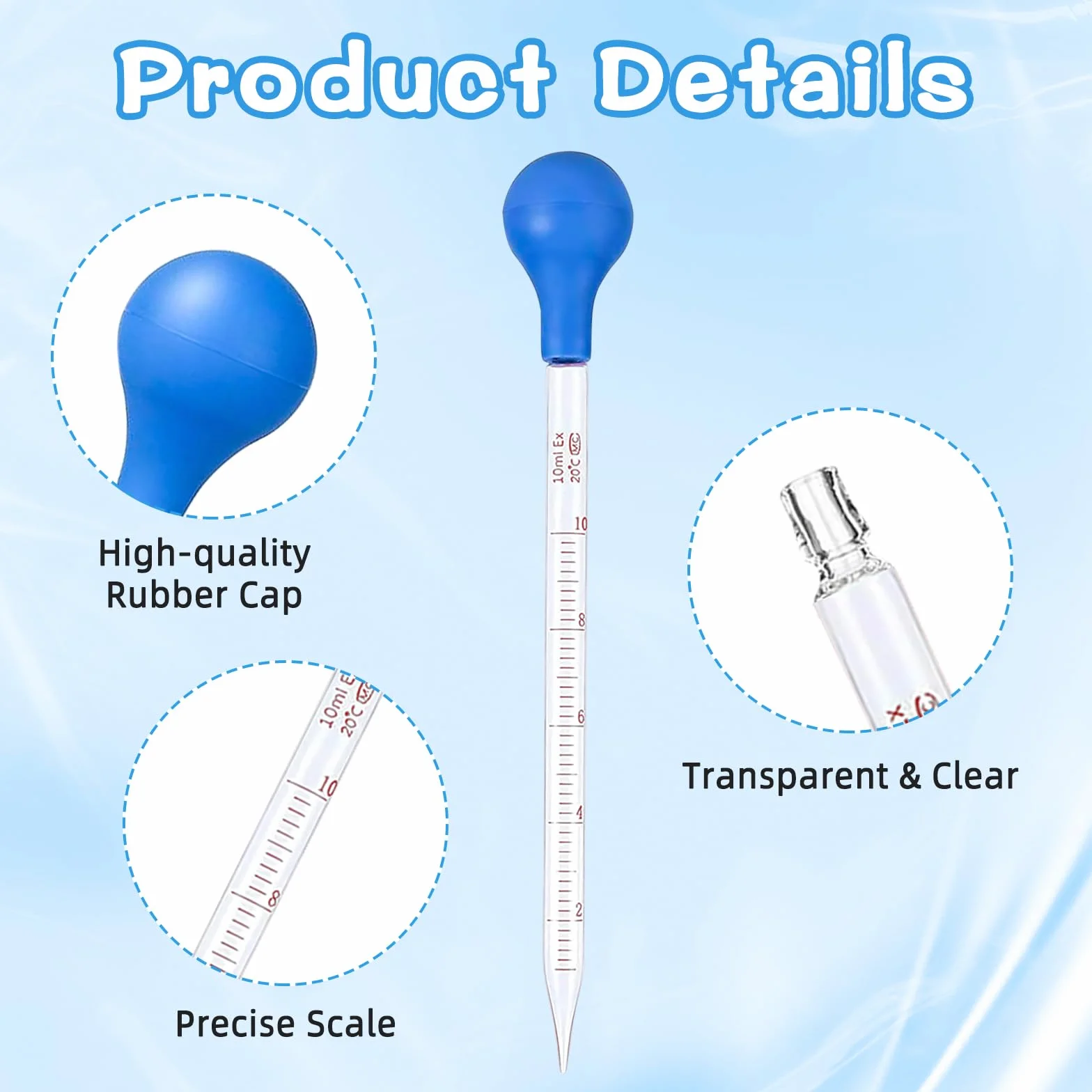 4 pipety 10 ml, pipeta szklana, pipeta szklana z 4 szczotkami do czyszczenia, kroplomierzem, pipetą do pomiaru, pipetą do laboratorium, szkoły, badań, żywności i medycyny