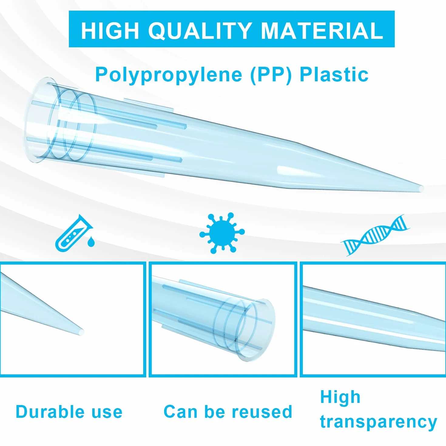 ONiLAB końcówki pipetowe 1000 UL/1mL 500 PCS Clear Blue Laboratory Uniwersalne końcówki pipetowe z tworzyw sztucznych Polipropylen (PP) Autoklawowalne