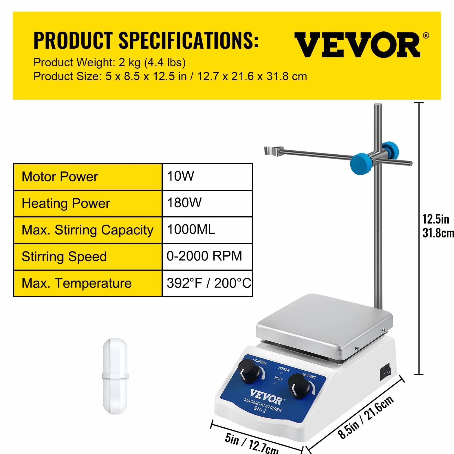 VEVOR Laboratorium Mieszadło magnetyczne SH-2 220V, mieszadło magnetyczne 2000 ml, z trzpieniem do płyty grzewczej 12x12cm i uchwytem