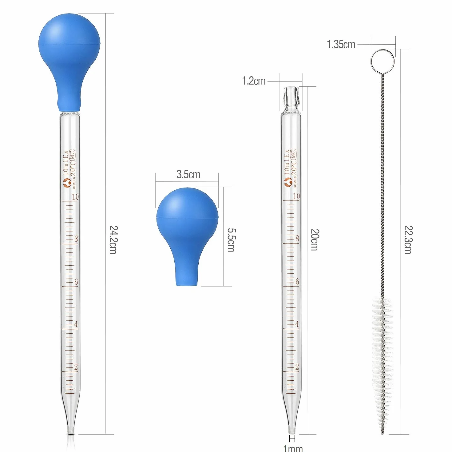 Szklana pipetka, kropla 10 ml, pipeta kropelowa, pipeta z gumową piłką do pipetowania x 2 + szczotka do czyszczenia x 1